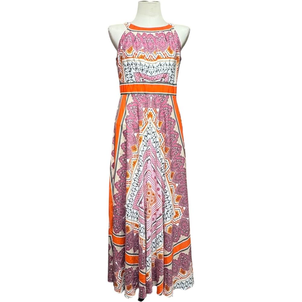 Chico's Sleeveless Scarf Print Maxi Dress Orange Pink Gray 0 Small 4